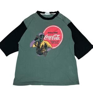 Vintage Coca-Cola T-Shirt Baseball Green Black Colorblock Elbow Sleeve Distress